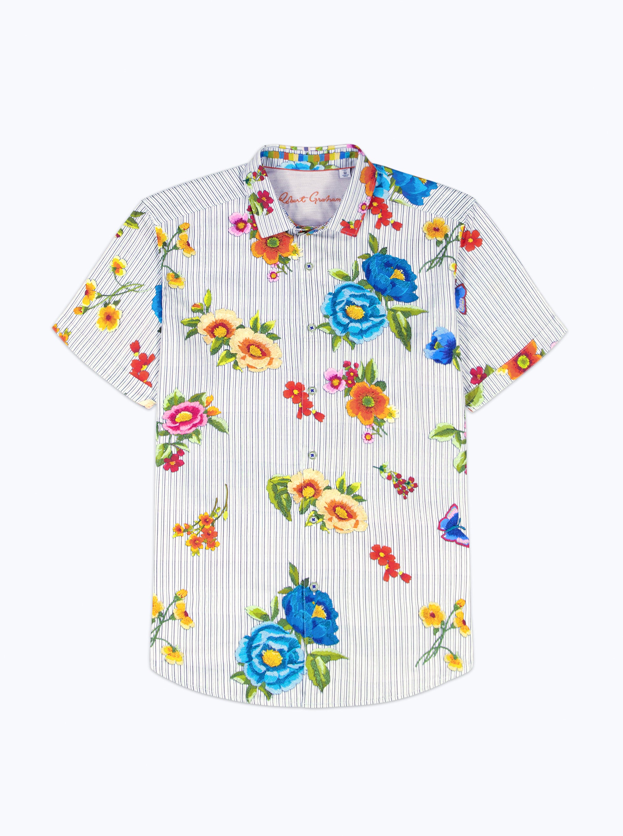 Short-sleeve shirt with colorful floral pattern on a white background