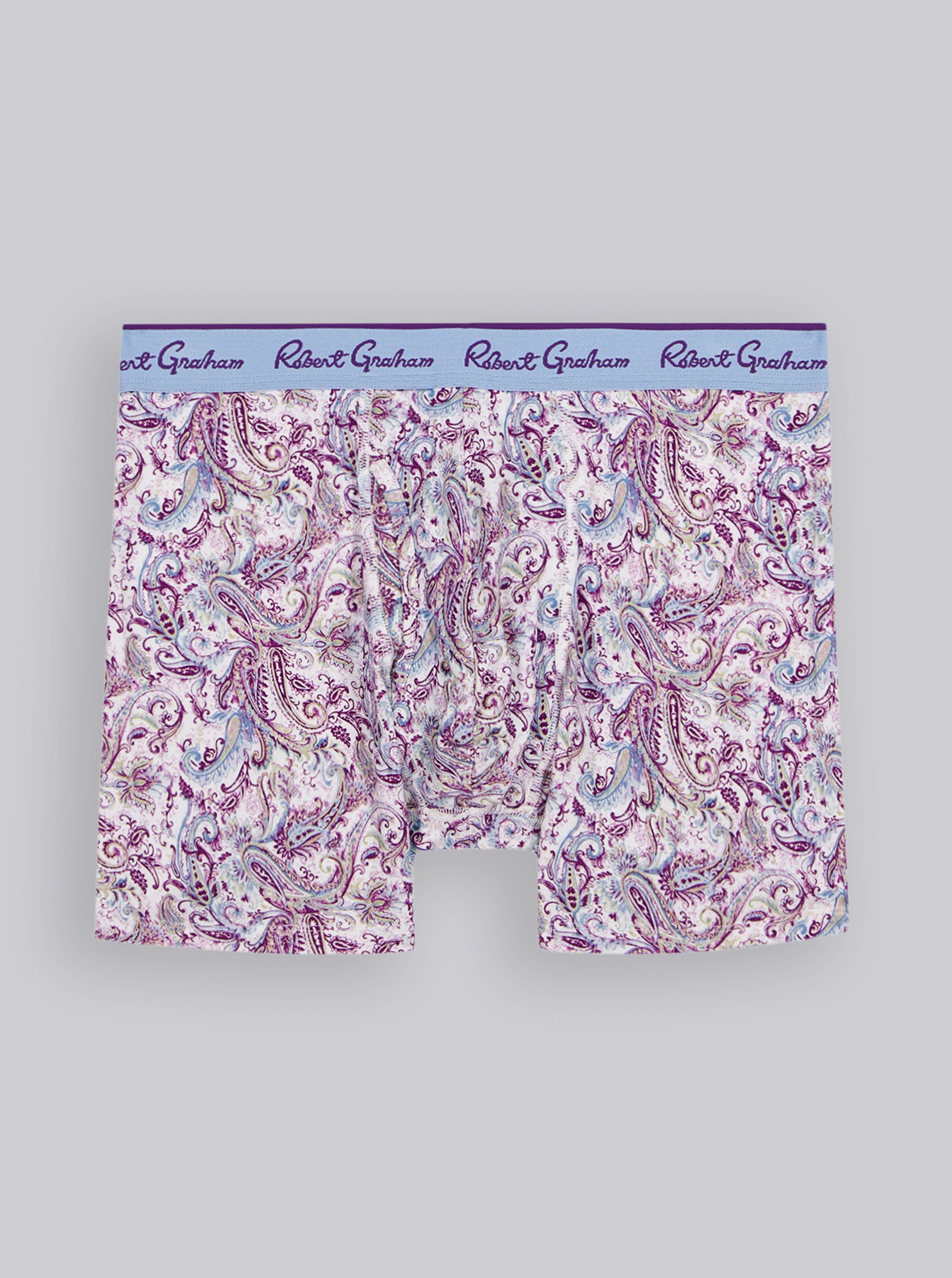 Boxer briefs with paisley pattern and 'Robert Graham' branding on a gray background